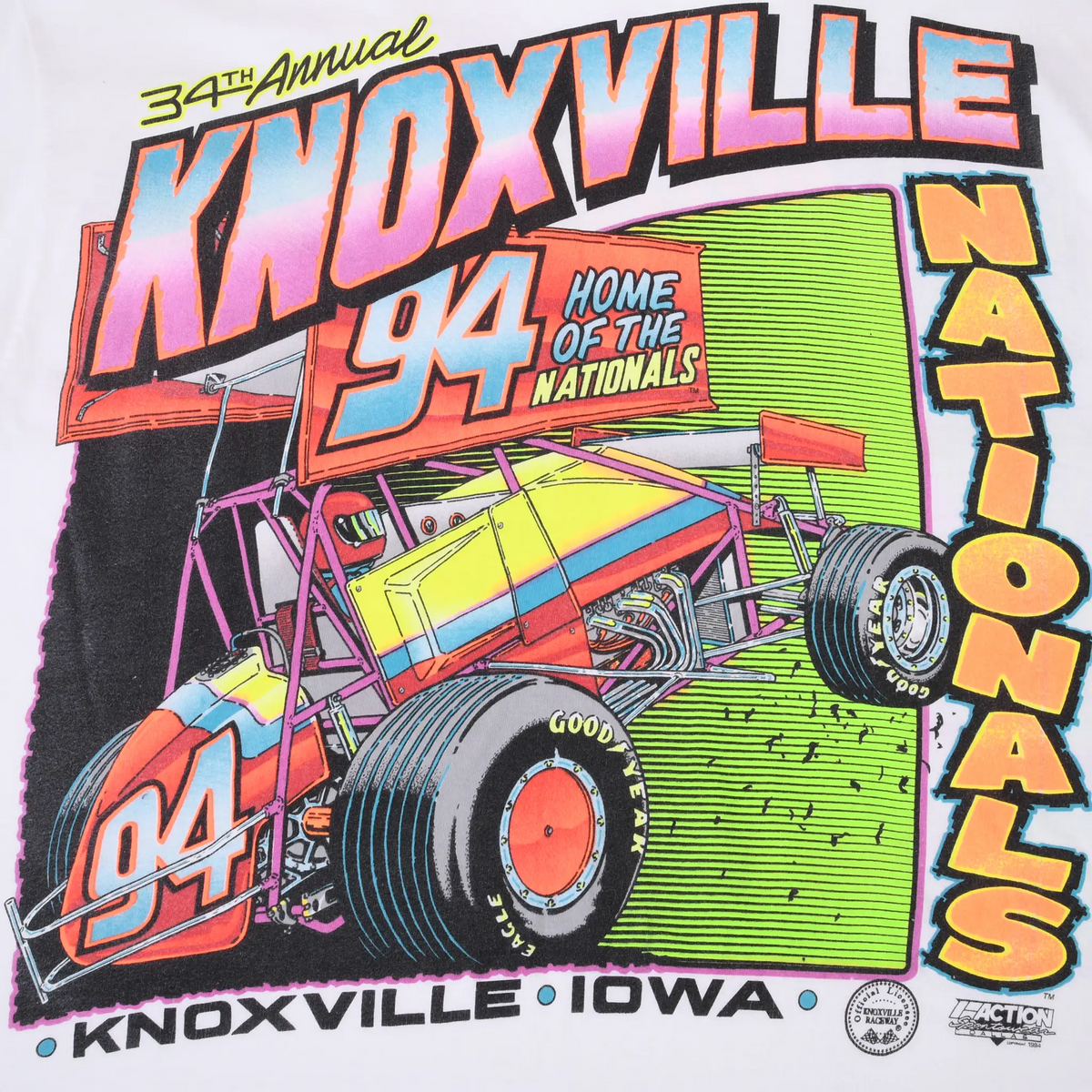 Close-up of Knoxville 94 Nationals front print featuring a colorful sprint car and Knoxville, Iowa text