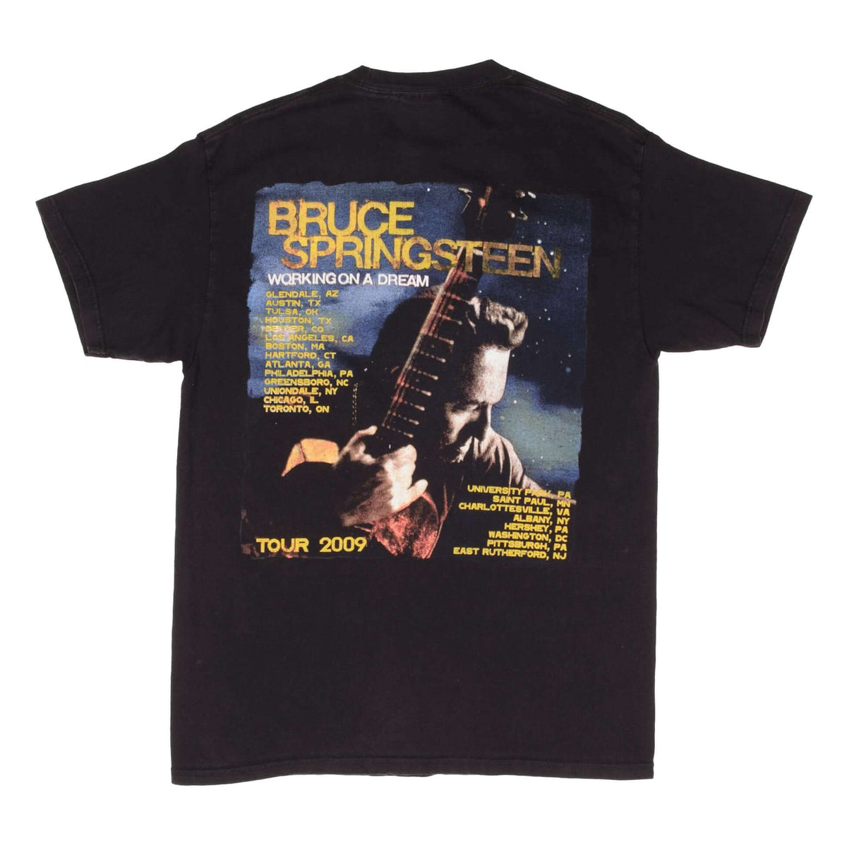 Back of black Bruce Springsteen 2009 tour T-shirt with portrait, guitar, and city list