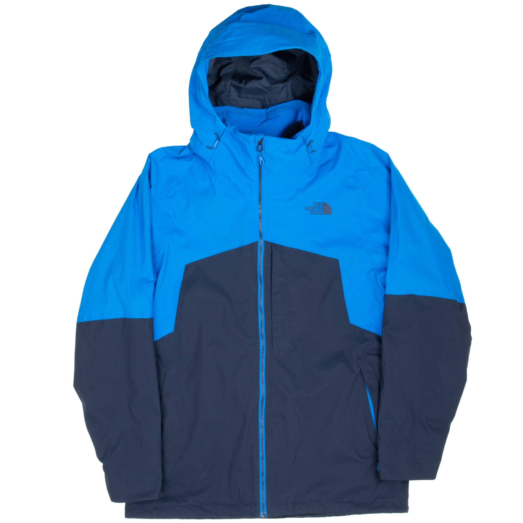 Front view of blue and navy The North Face hooded ski jacket