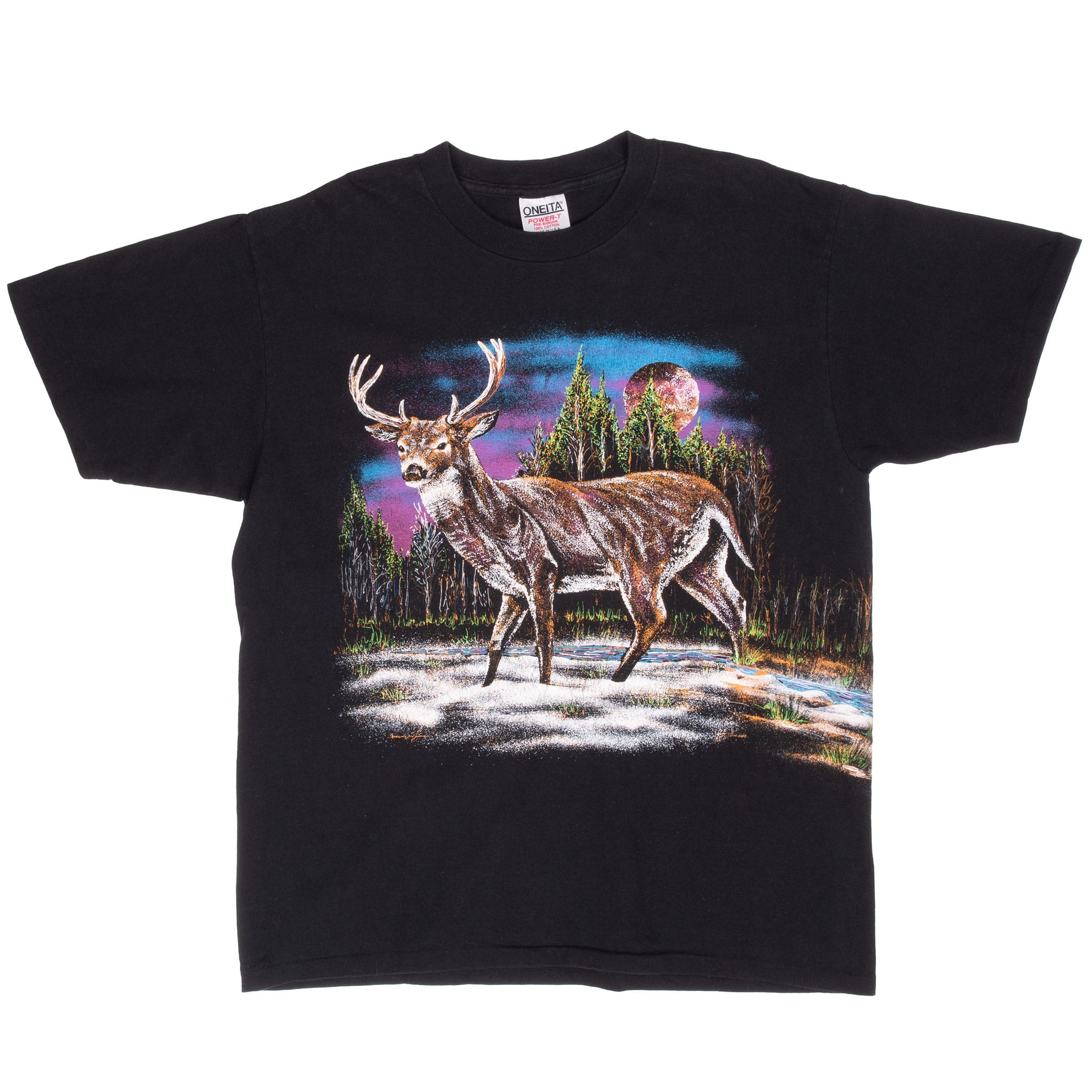 Vintage Dear Animal Print Tee Shirt 1990S Size Large Made In Usa With Single Stitch Sleeves