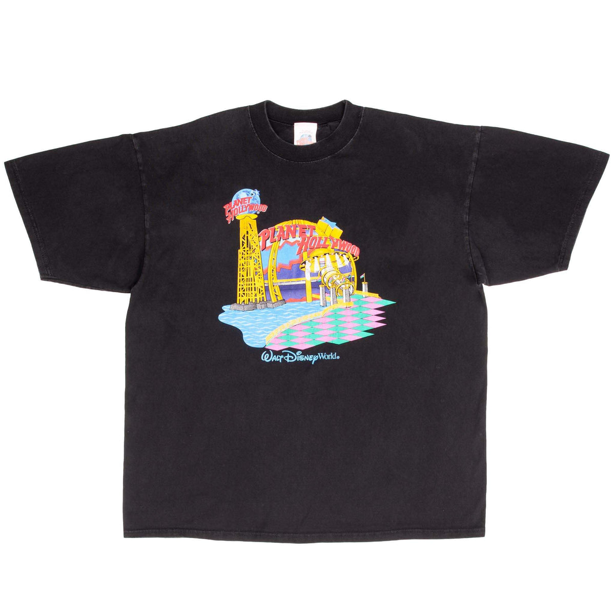 Full front view of black Planet Hollywood Walt Disney World graphic T-shirt
