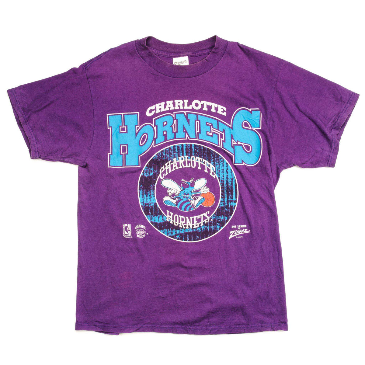 Full front view of purple Charlotte Hornets graphic T-shirt