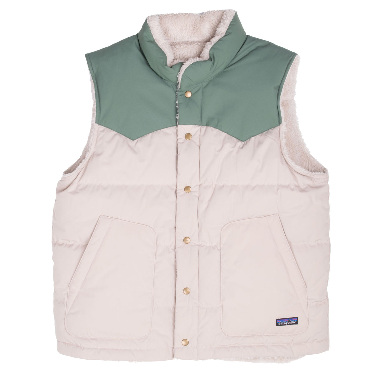 Front view of beige Patagonia Bivy down vest with green yoke and patch pockets
