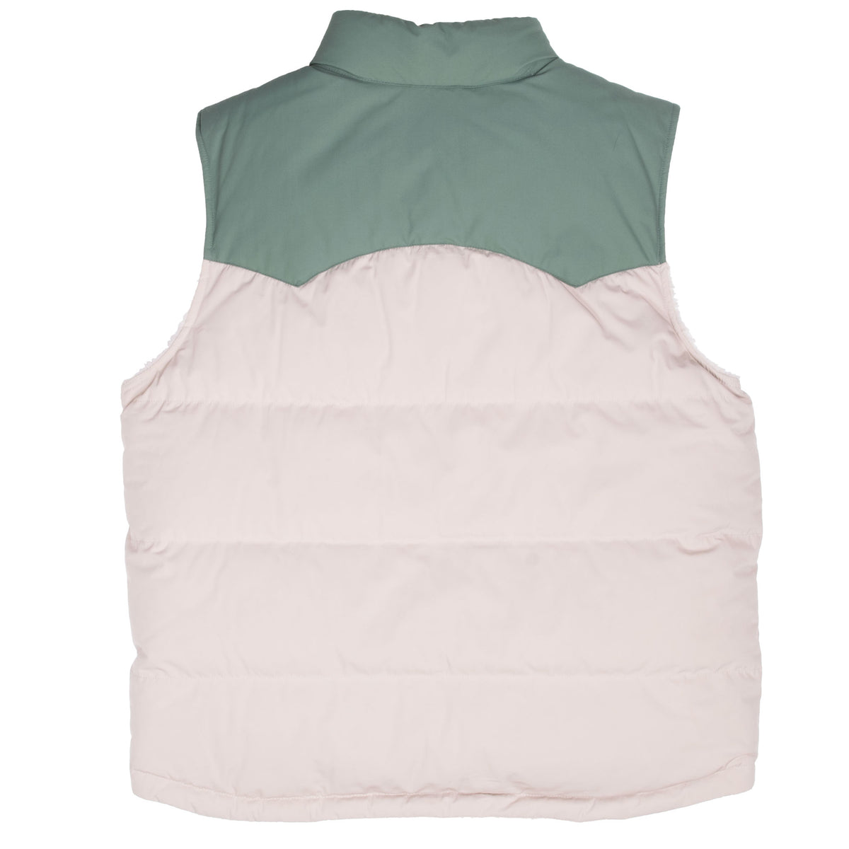 Back of beige Patagonia Bivy down vest with green shoulder yoke