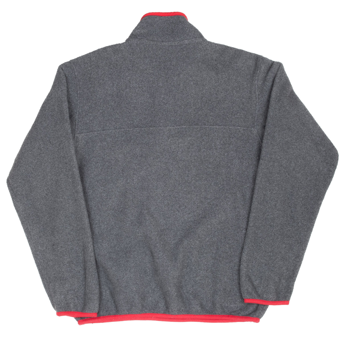 Back of grey Patagonia women's Snap-T Synchilla fleece jacket with red trim