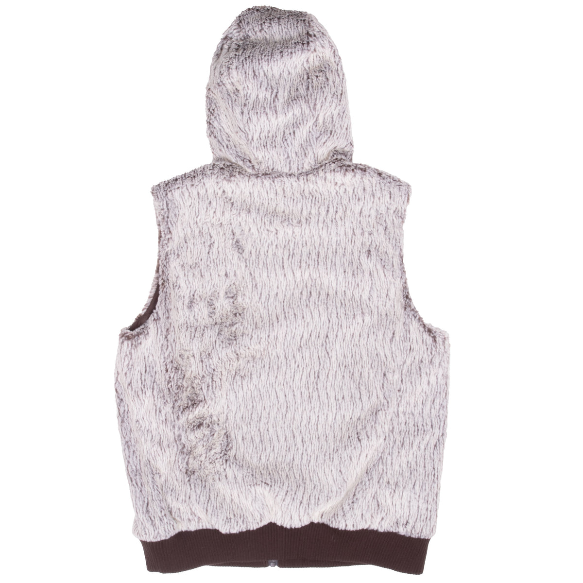 Back of light gray Patagonia Canejo high-pile fleece vest with hood and brown hem