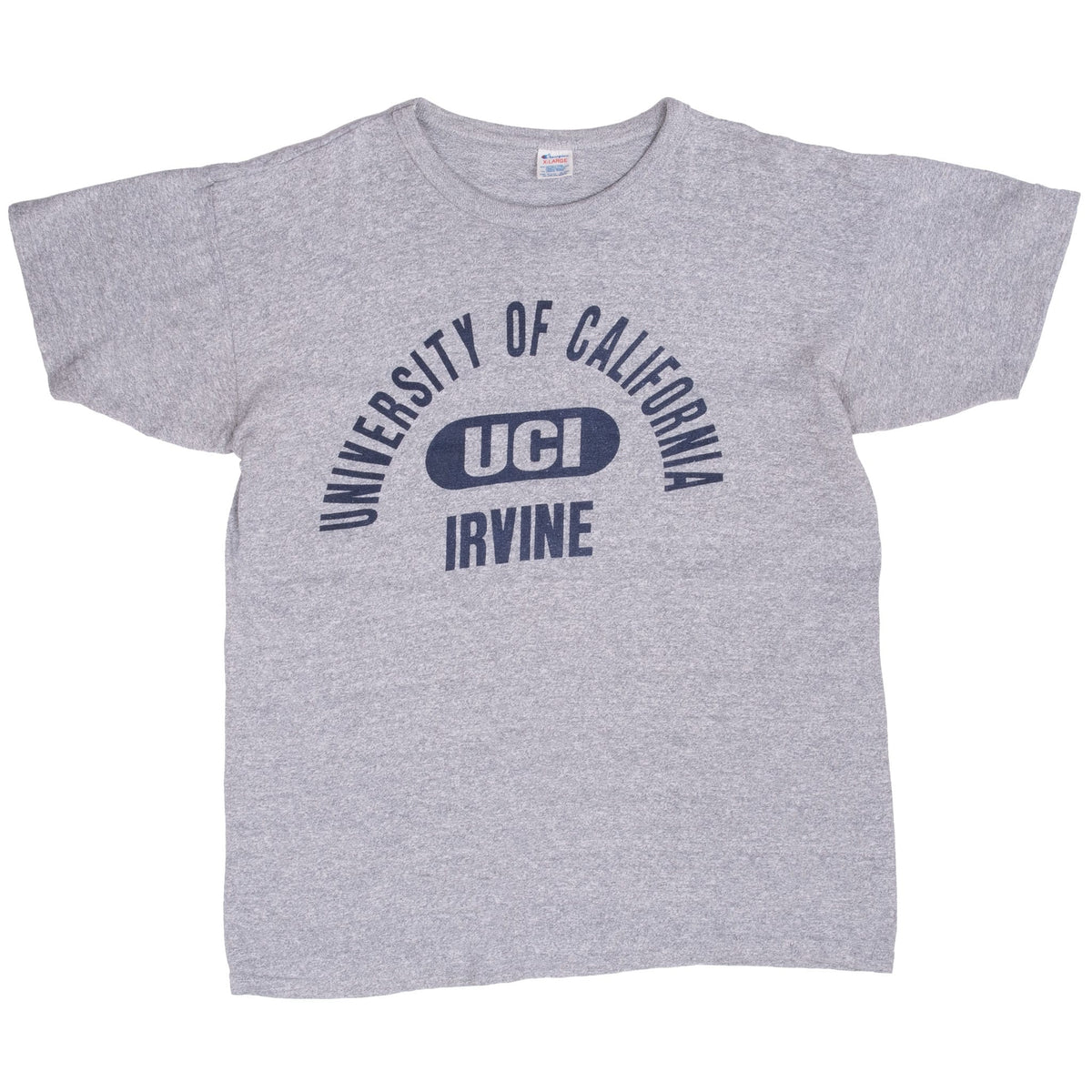 Full front of heather gray Champion UCI T-shirt with navy University of California Irvine graphic