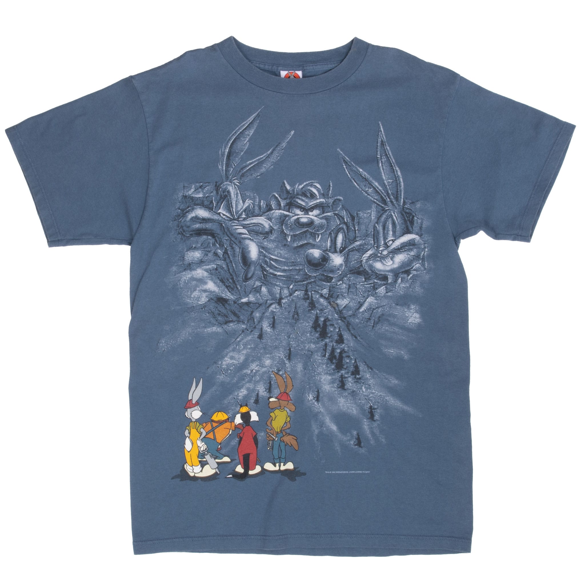 Full front of blue Looney Tunes T-shirt with Mount Rushmore character graphic