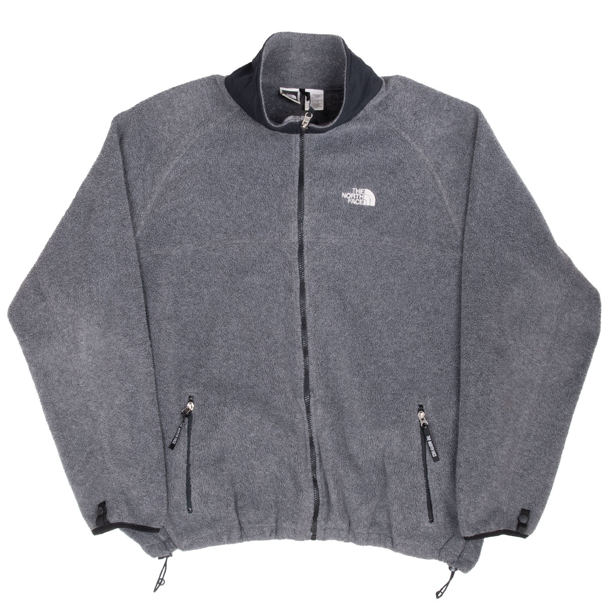 Full front view of grey The North Face fleece jacket with embroidered chest logo