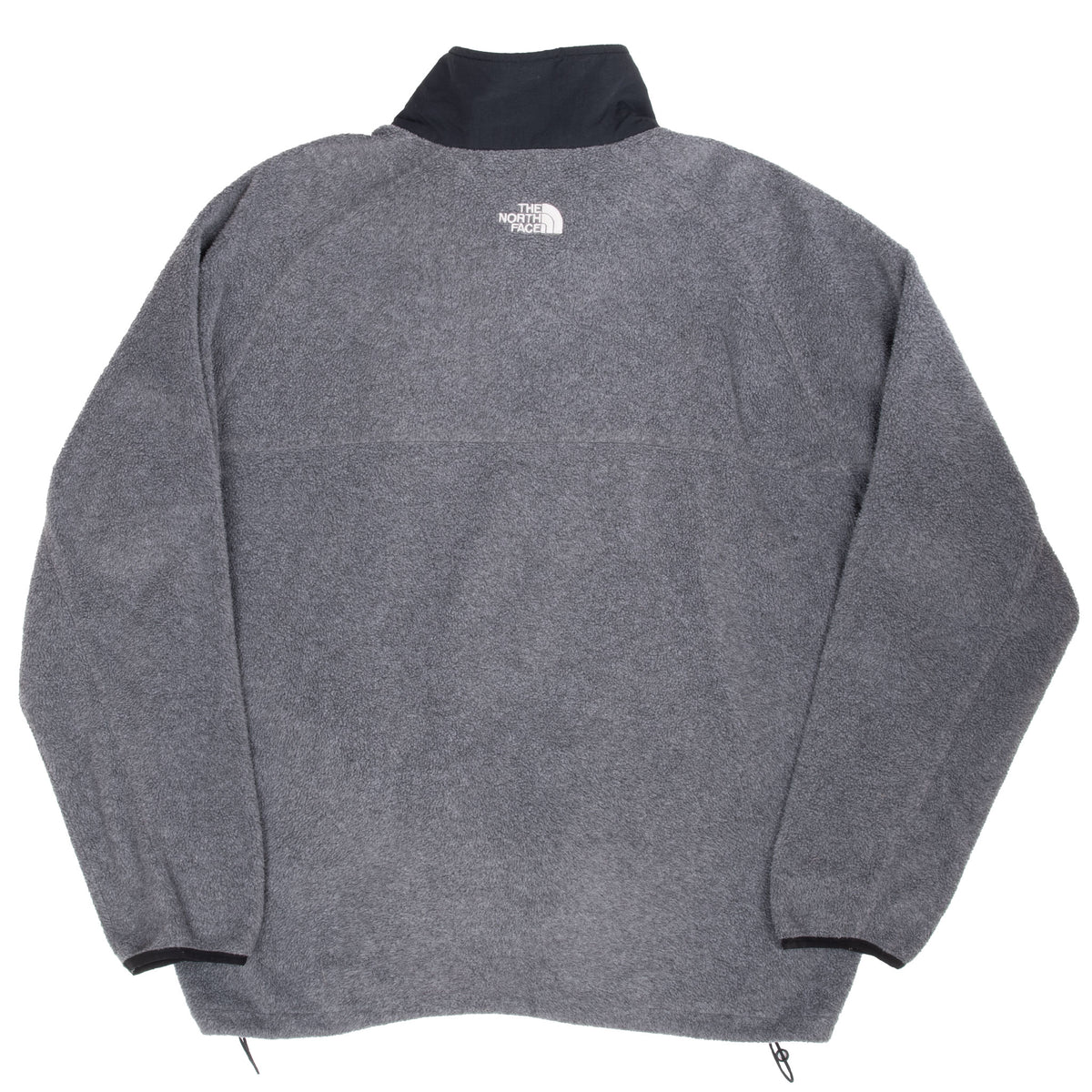 Back of grey The North Face fleece jacket with black collar and white embroidered logo