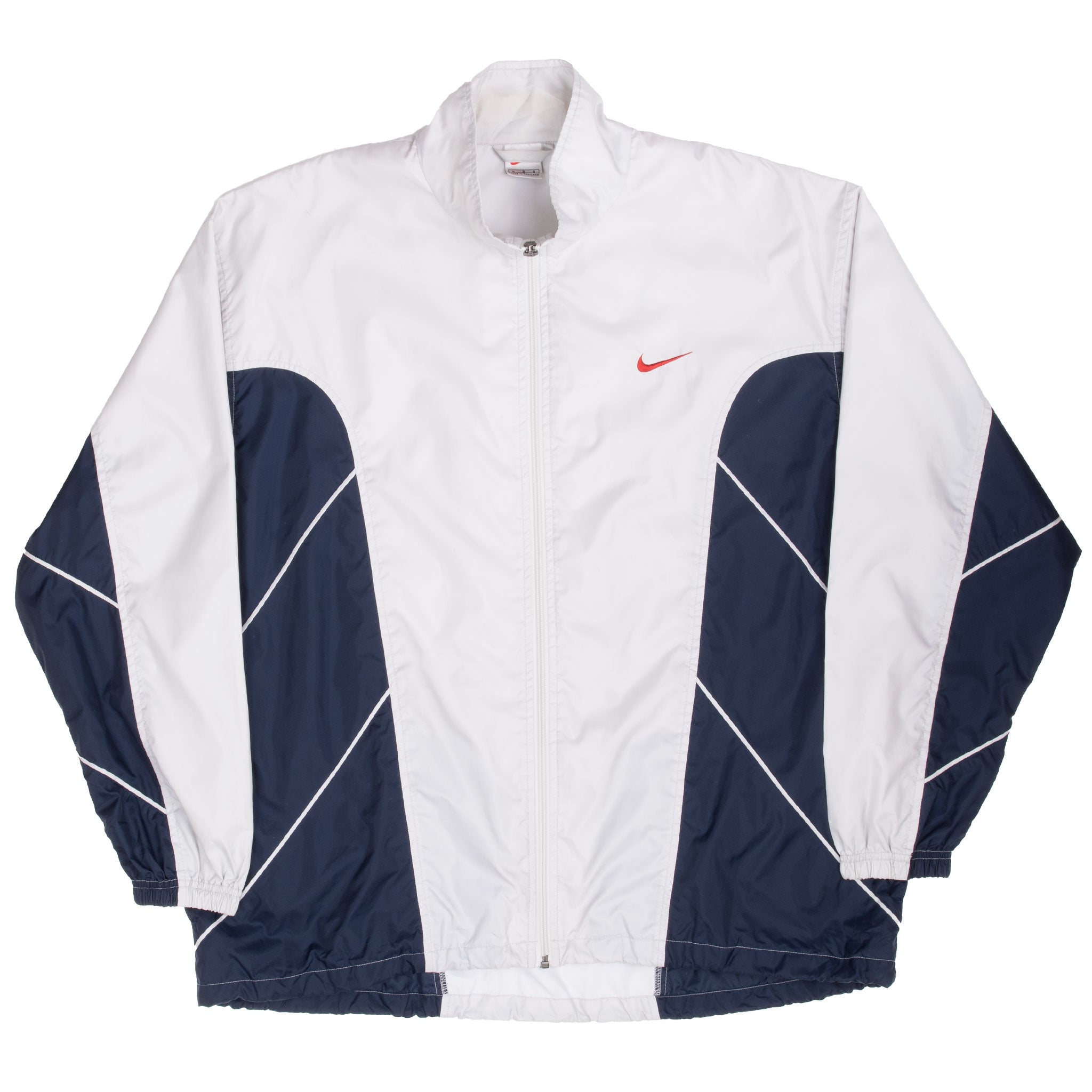 Full front view of white and navy Nike zip windbreaker with stand collar and elastic cuffs