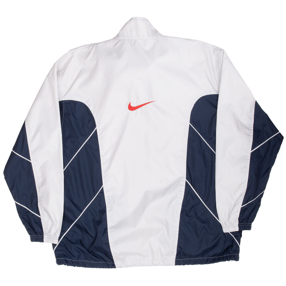 Back view of white and navy Nike windbreaker with oversized red embroidered Swoosh