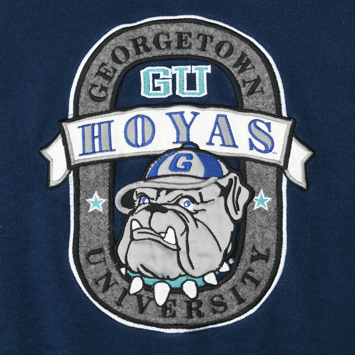 Close-up of embroidered Georgetown Hoyas University bulldog crest