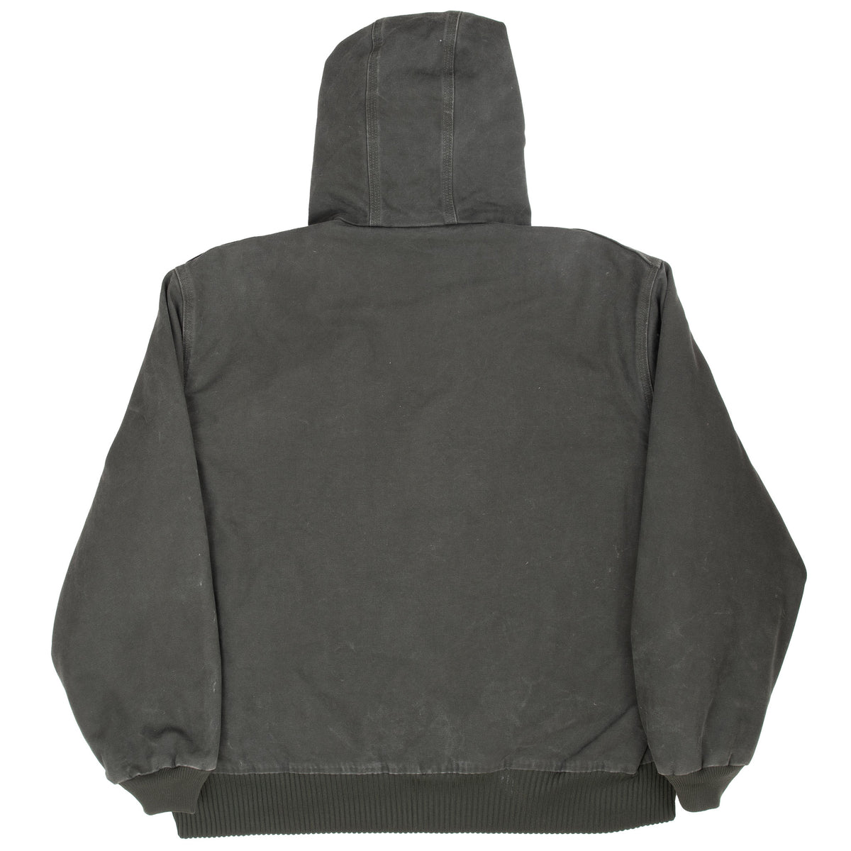 Back of moss green Carhartt J130MOS hooded jacket with ribbed cuffs and hem