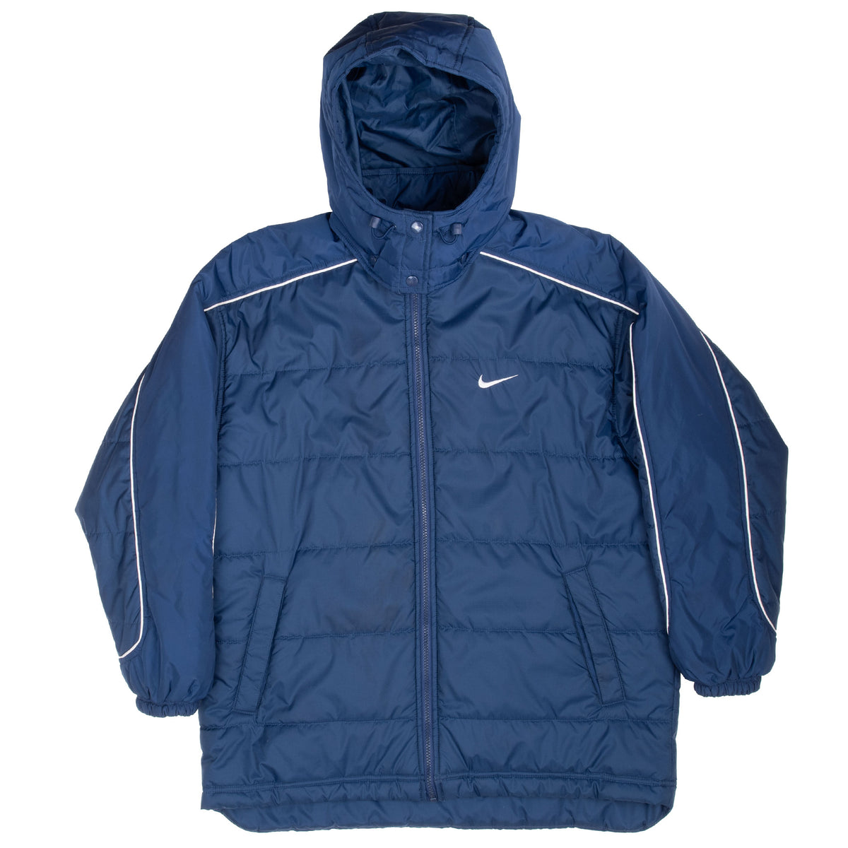Front view of blue Nike women's hooded puffer jacket with full zip and angled pockets