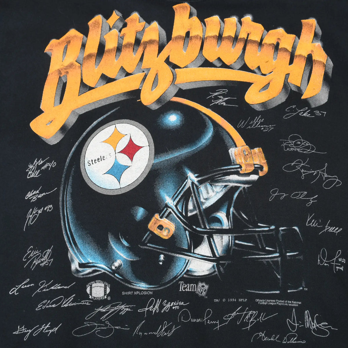 Close-up of Blitzburgh text, Steelers helmet, and player signatures print