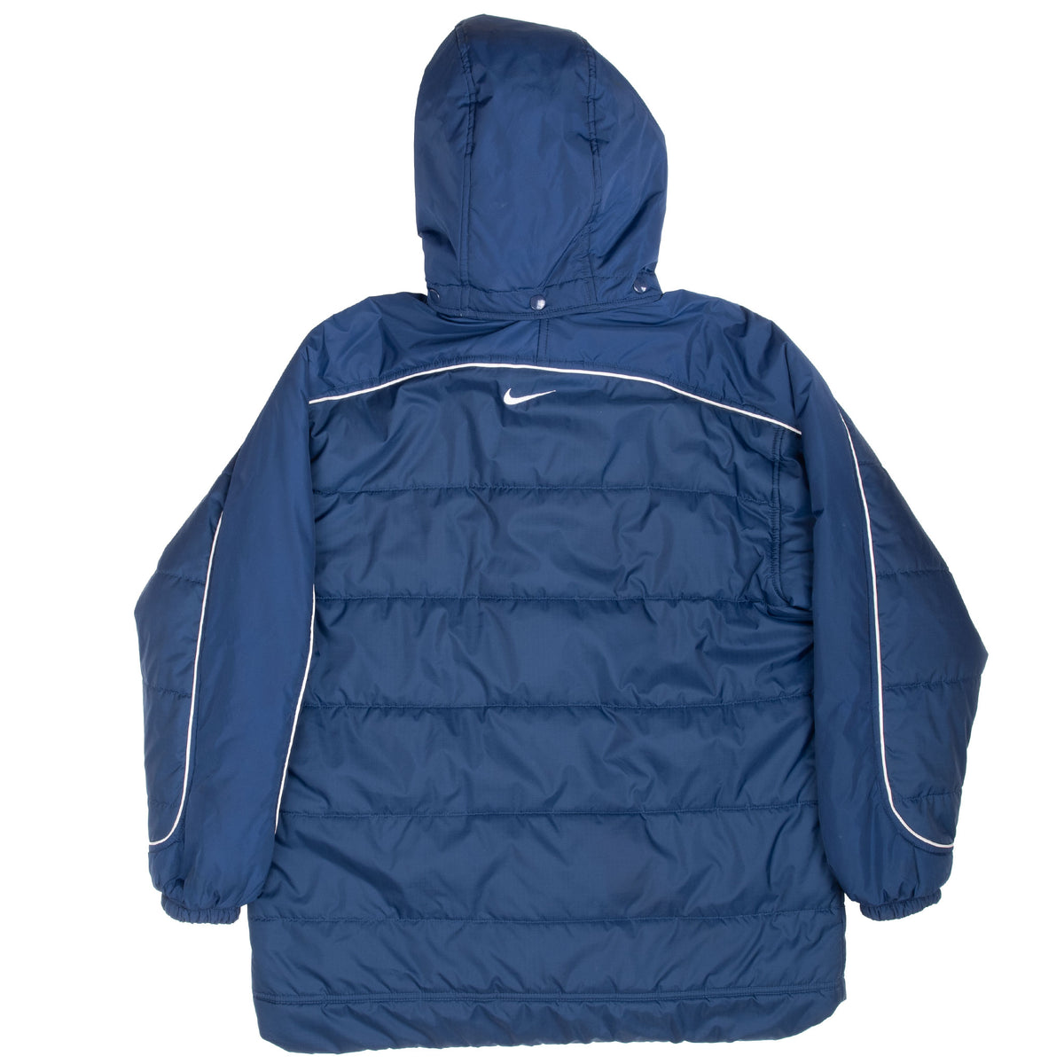 Back of blue Nike women's puffer jacket with hood, white piping and embroidered Swoosh