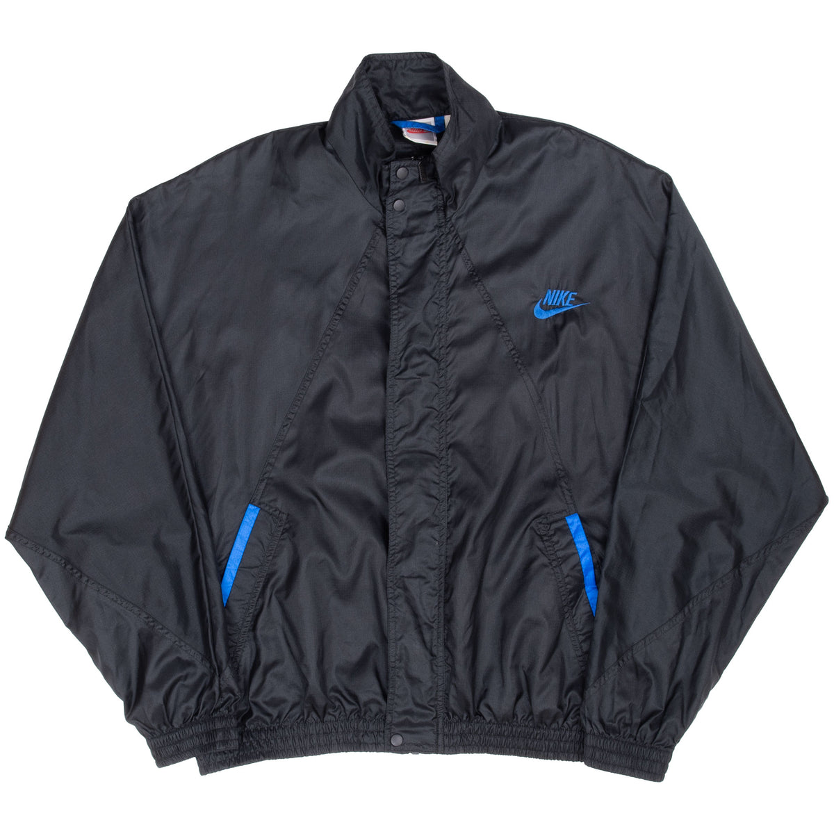 Full front of black Nike windbreaker with stand collar, blue Swoosh and blue-trimmed pockets