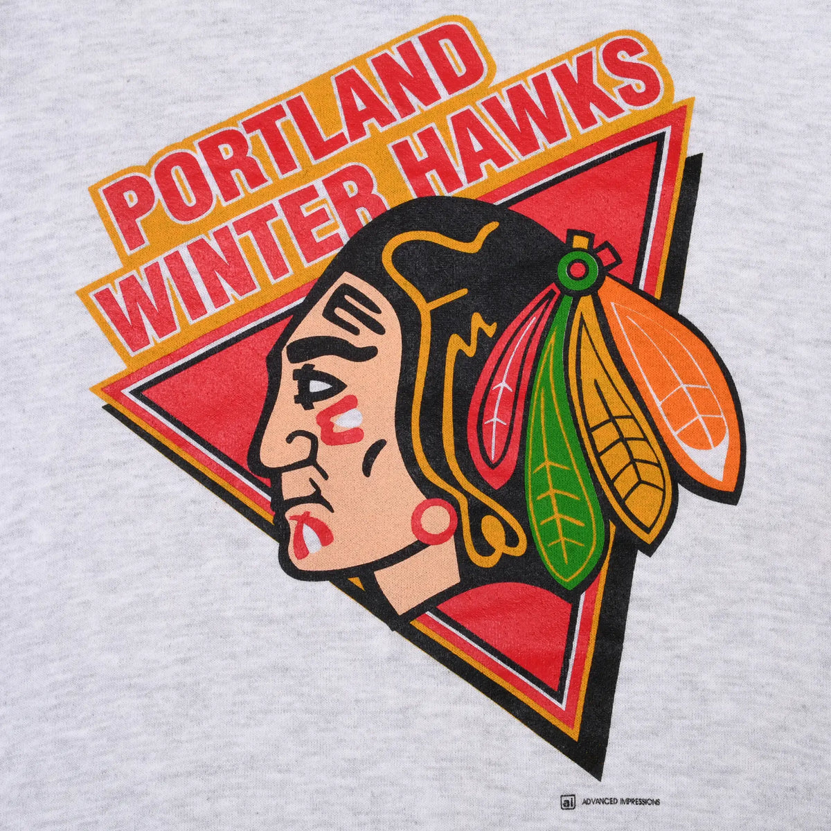 Close-up of Portland Winter Hawks multicolor front graphic on gray fabric