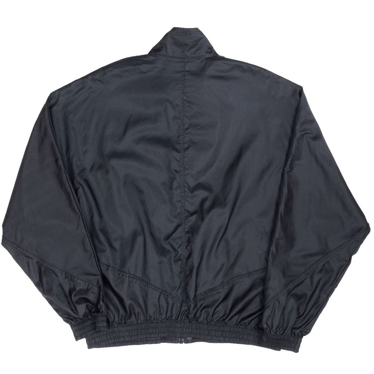 Back of black Nike windbreaker with stand collar, elasticized hem and cuffs