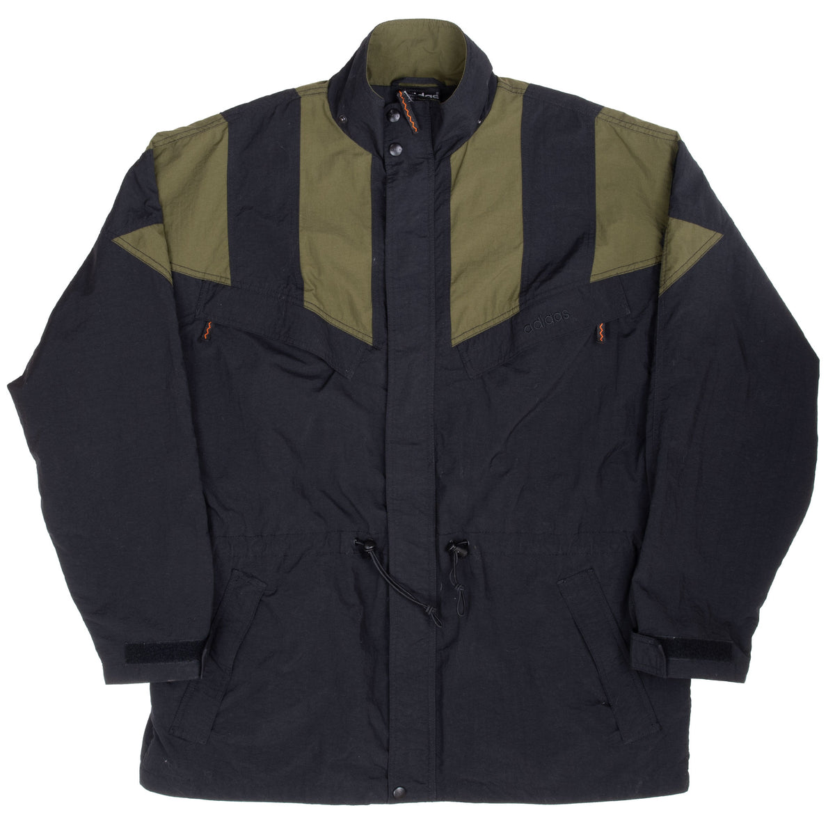 Full front of black and olive green adidas windbreaker with angled pockets and drawcord waist