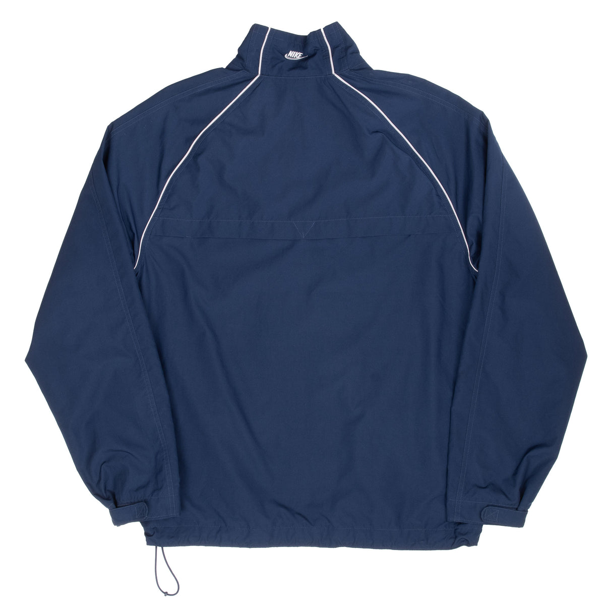 Back of navy Nike windbreaker with white piping and embroidered Swoosh at collar