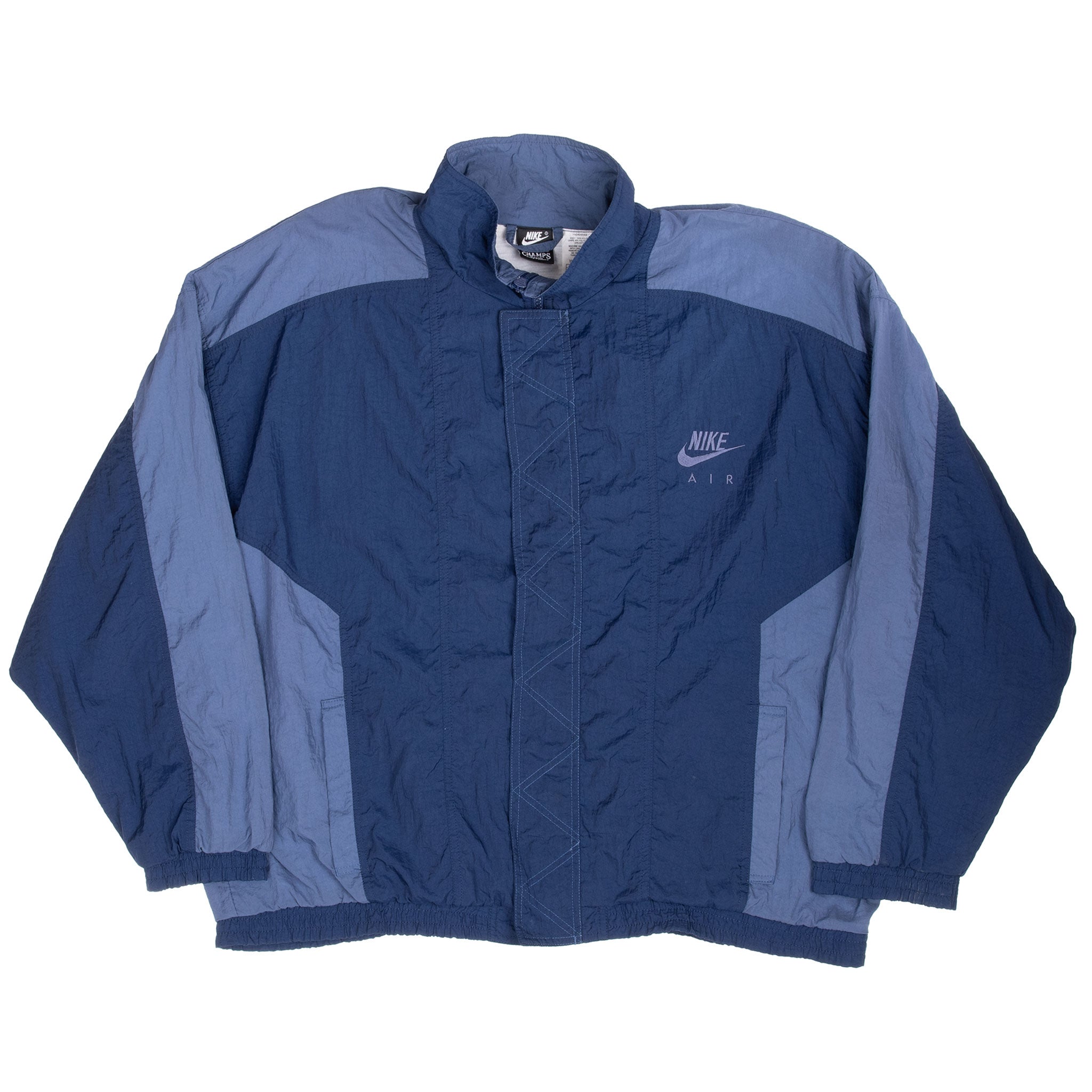 Front of blue Nike Air windbreaker with stand collar, curved panels and elasticized hem
