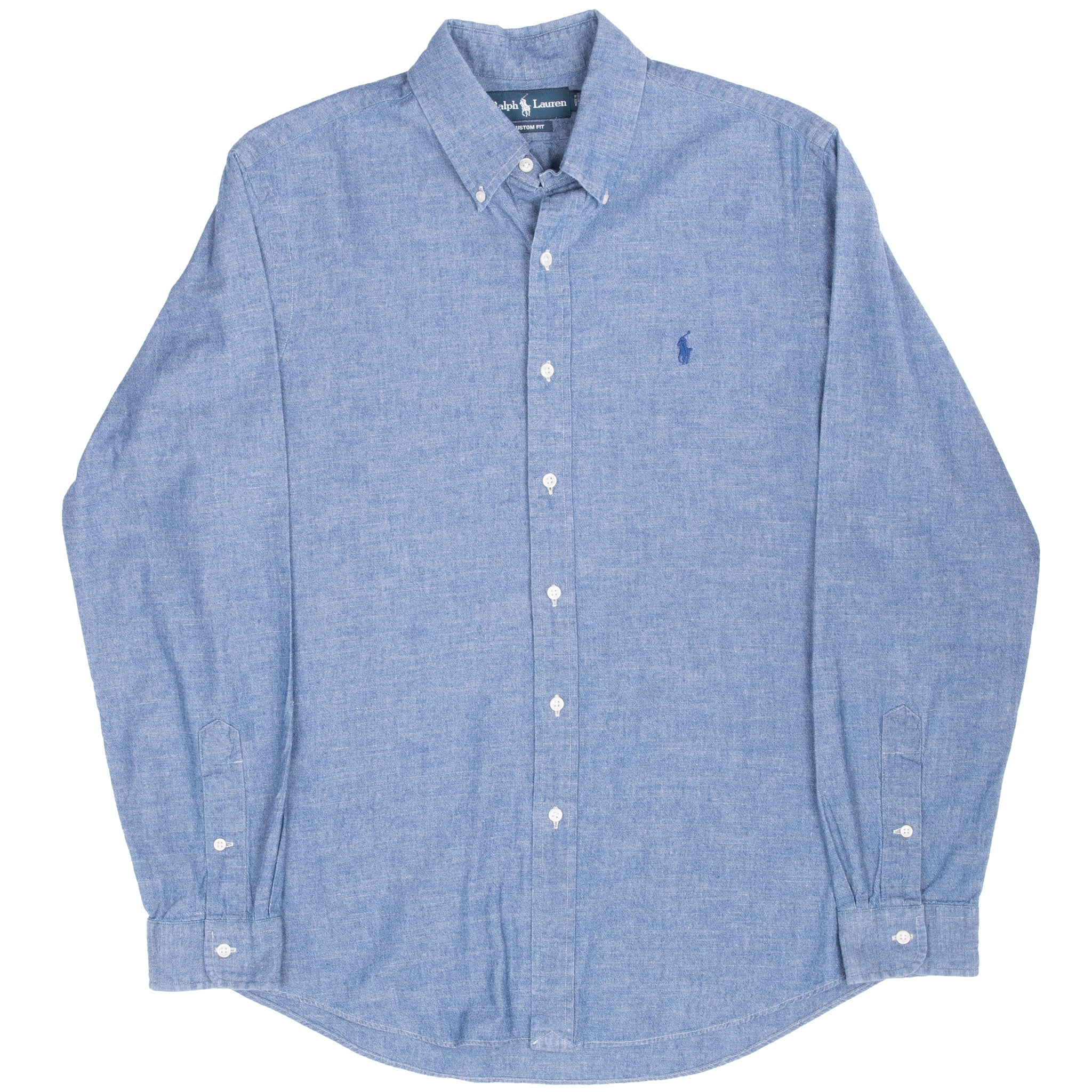 Front view of Ralph Lauren blue chambray shirt with white buttons, long sleeves and curved hem