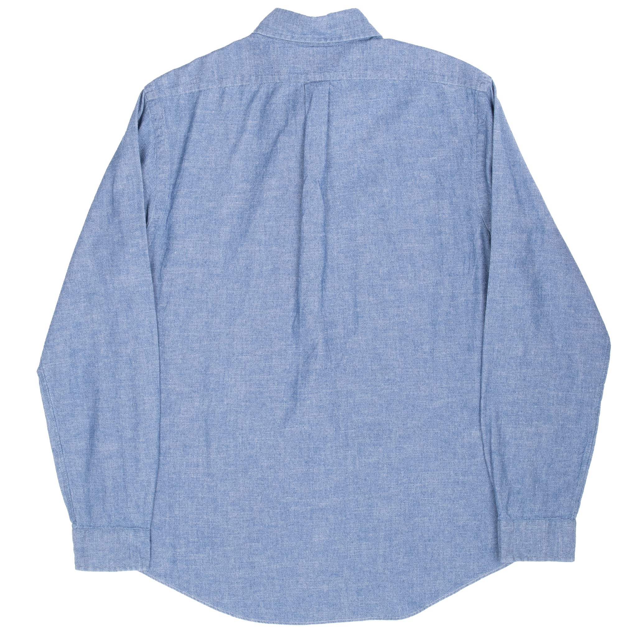 Back of Ralph Lauren blue chambray shirt with shoulder yoke, center box pleat and curved hem