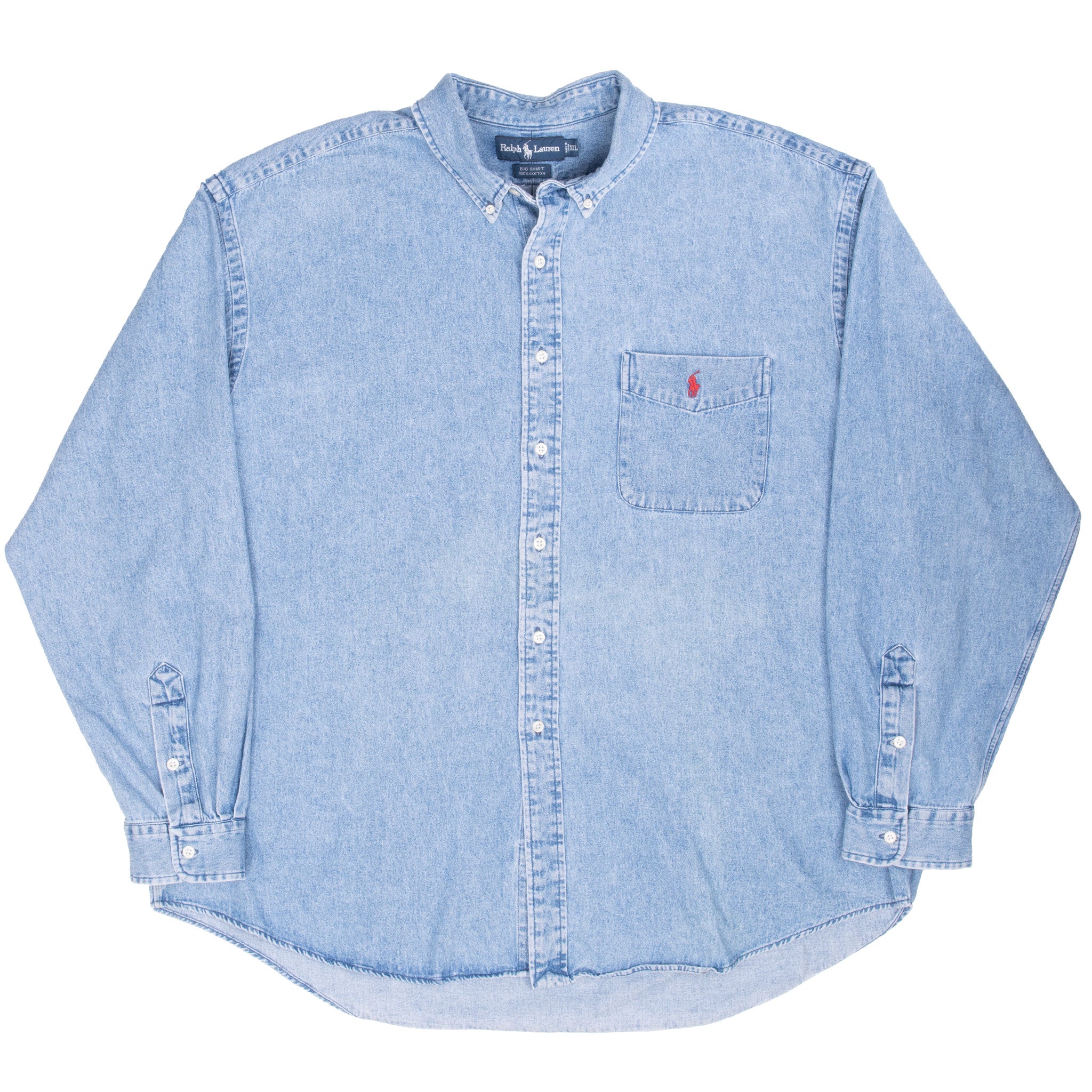 Full front view of Polo Ralph Lauren blue denim Big Shirt with long sleeves and curved hem