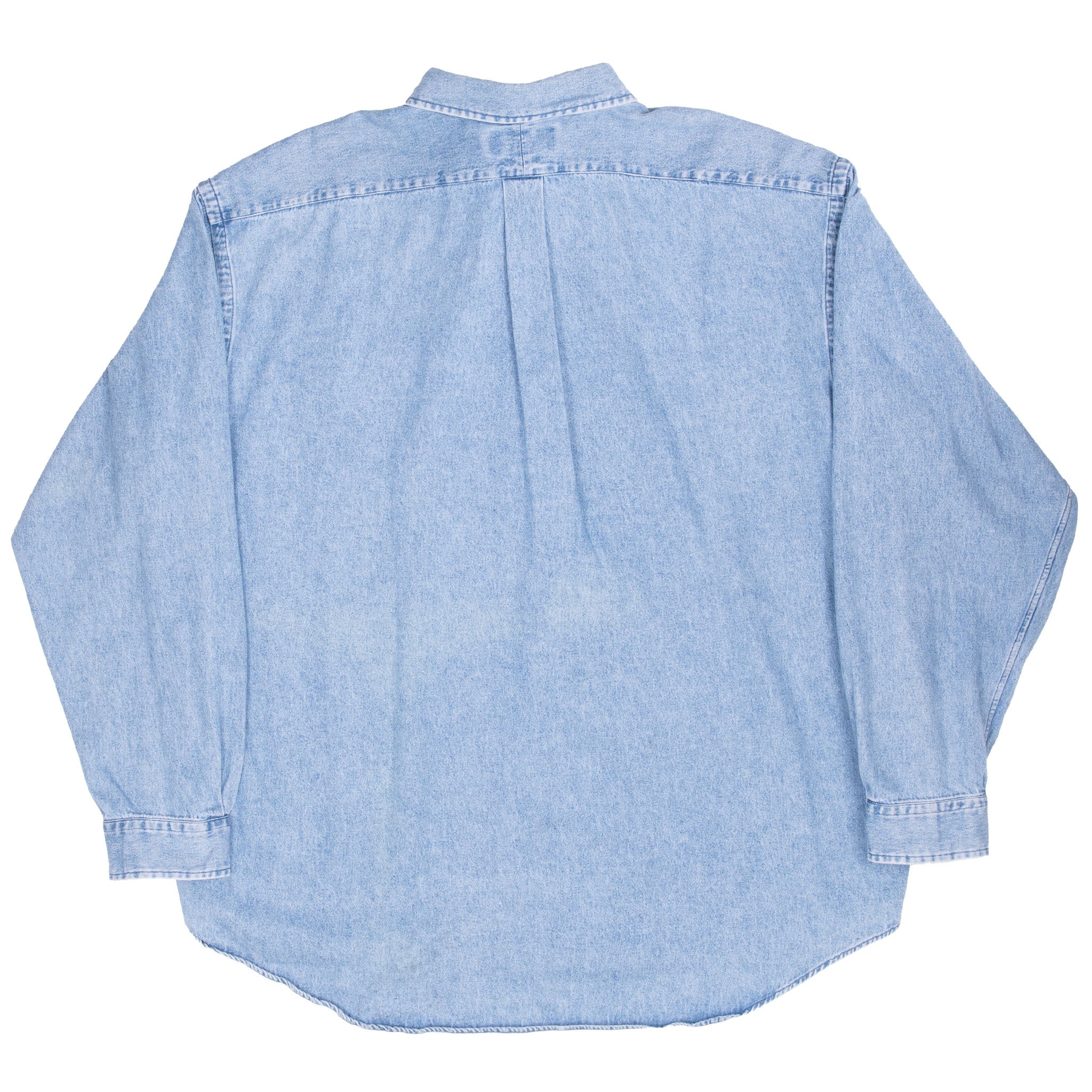 Back of Polo Ralph Lauren blue denim Big Shirt with yoke, center box pleat and curved hem