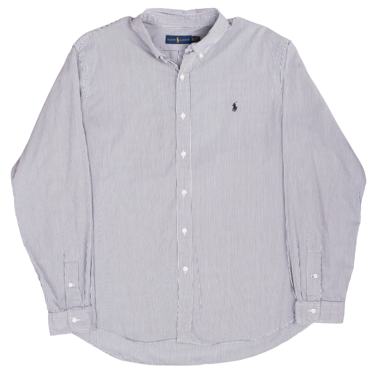 Full front view of Ralph Lauren black and white striped shirt with curved hem and Polo pony logo