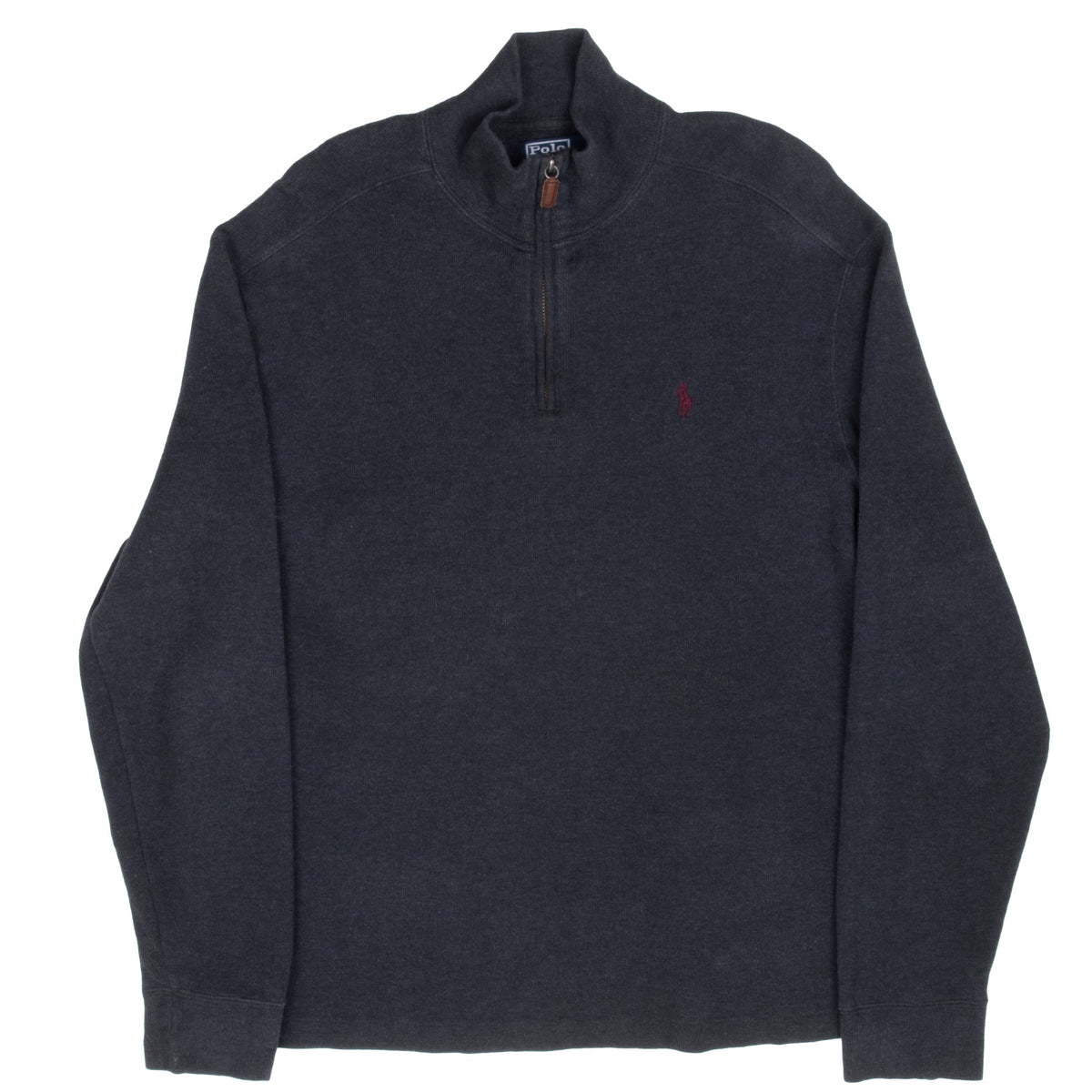 Full front view of dark grey Polo Ralph Lauren quarter-zip sweater