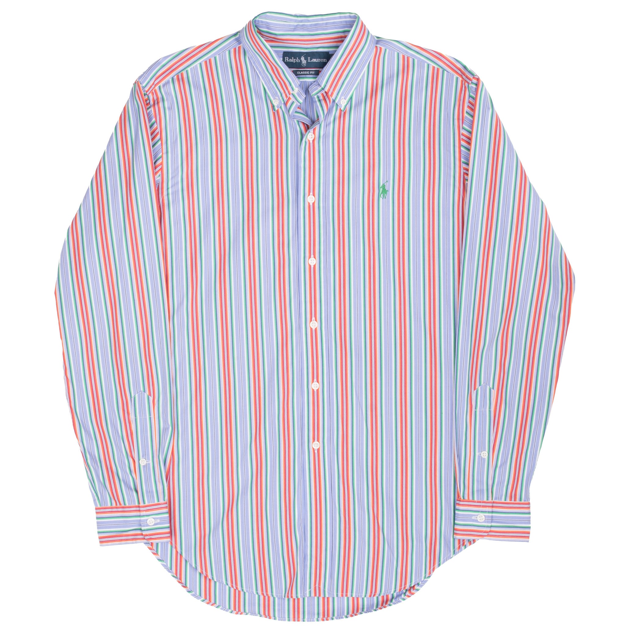 Ralph Lauren striped button-down shirt front with long sleeves, buttoned cuffs and curved hem