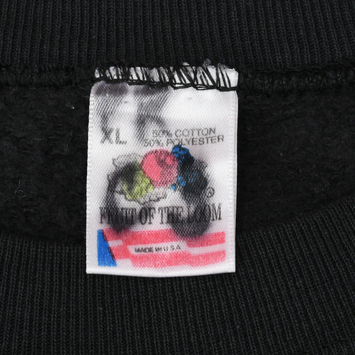 Close-up of sweatshirt neck label showing XL and Made in USA
