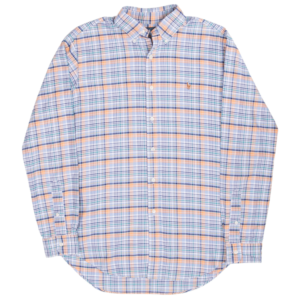 Front view of Ralph Lauren blue, white, orange and green plaid button-down shirt