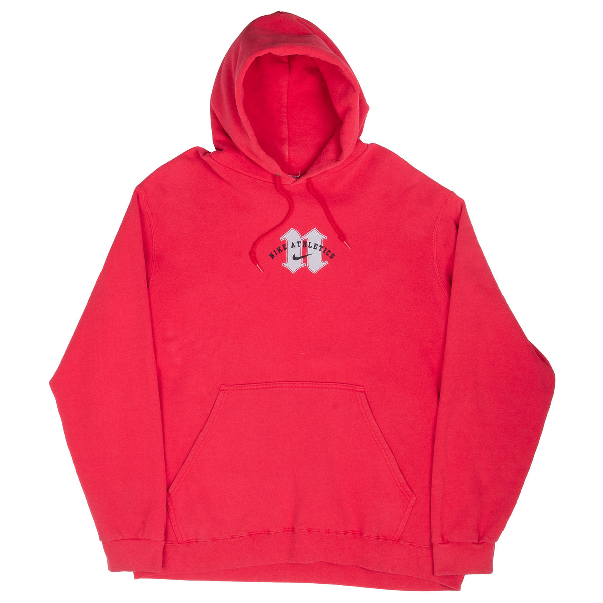 Full front view of red Nike hoodie with drawstring hood, Athletics graphic, and kangaroo pocket