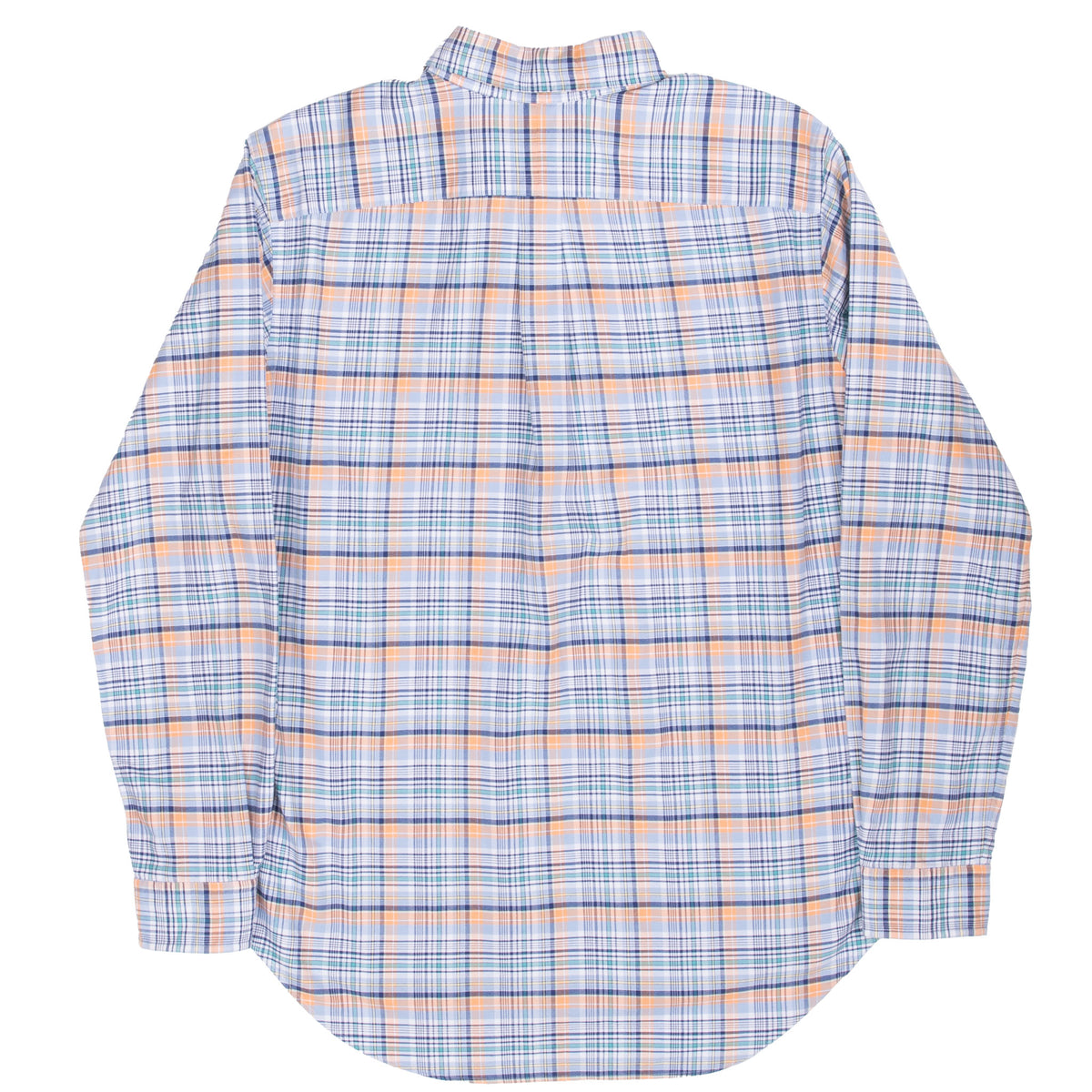 Back of Ralph Lauren plaid shirt with yoke, center box pleat and curved hem