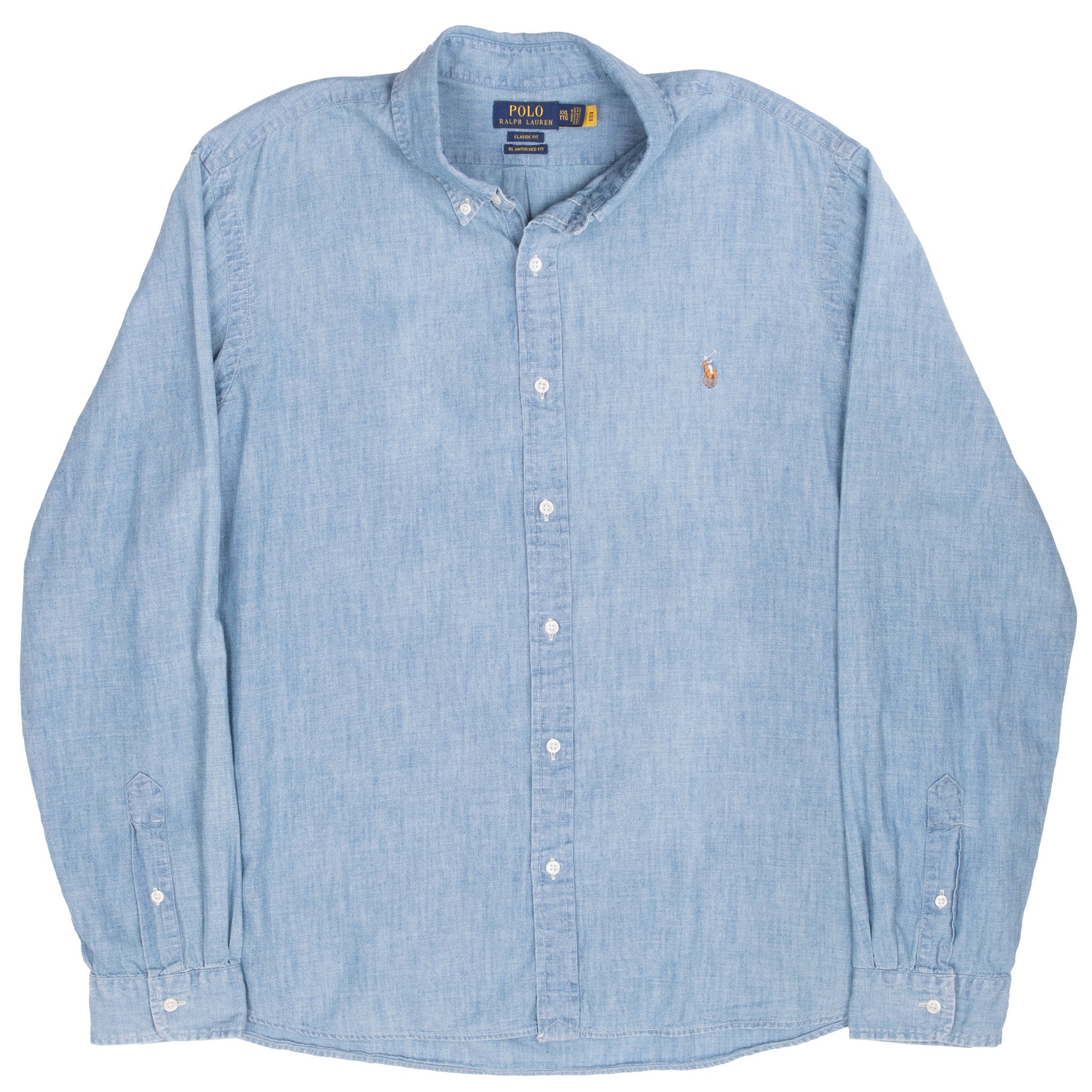 Front view of blue Polo Ralph Lauren chambray long-sleeve button-down shirt