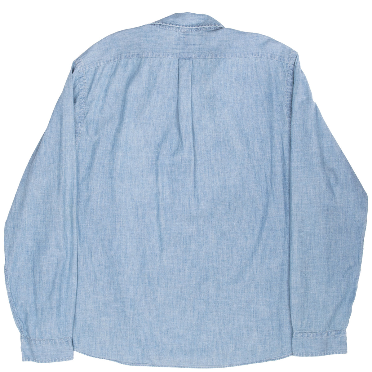 Back view of blue Polo Ralph Lauren chambray shirt with rear yoke and centered box pleat