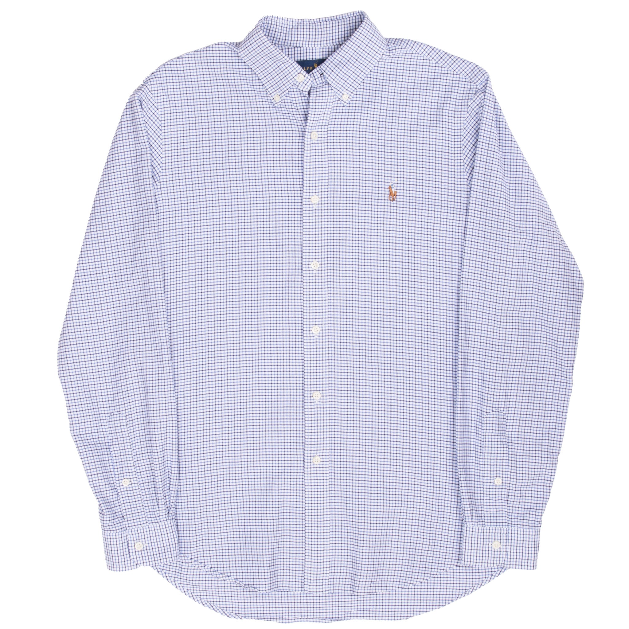 Front of Ralph Lauren blue and white plaid shirt with curved shirttail hem