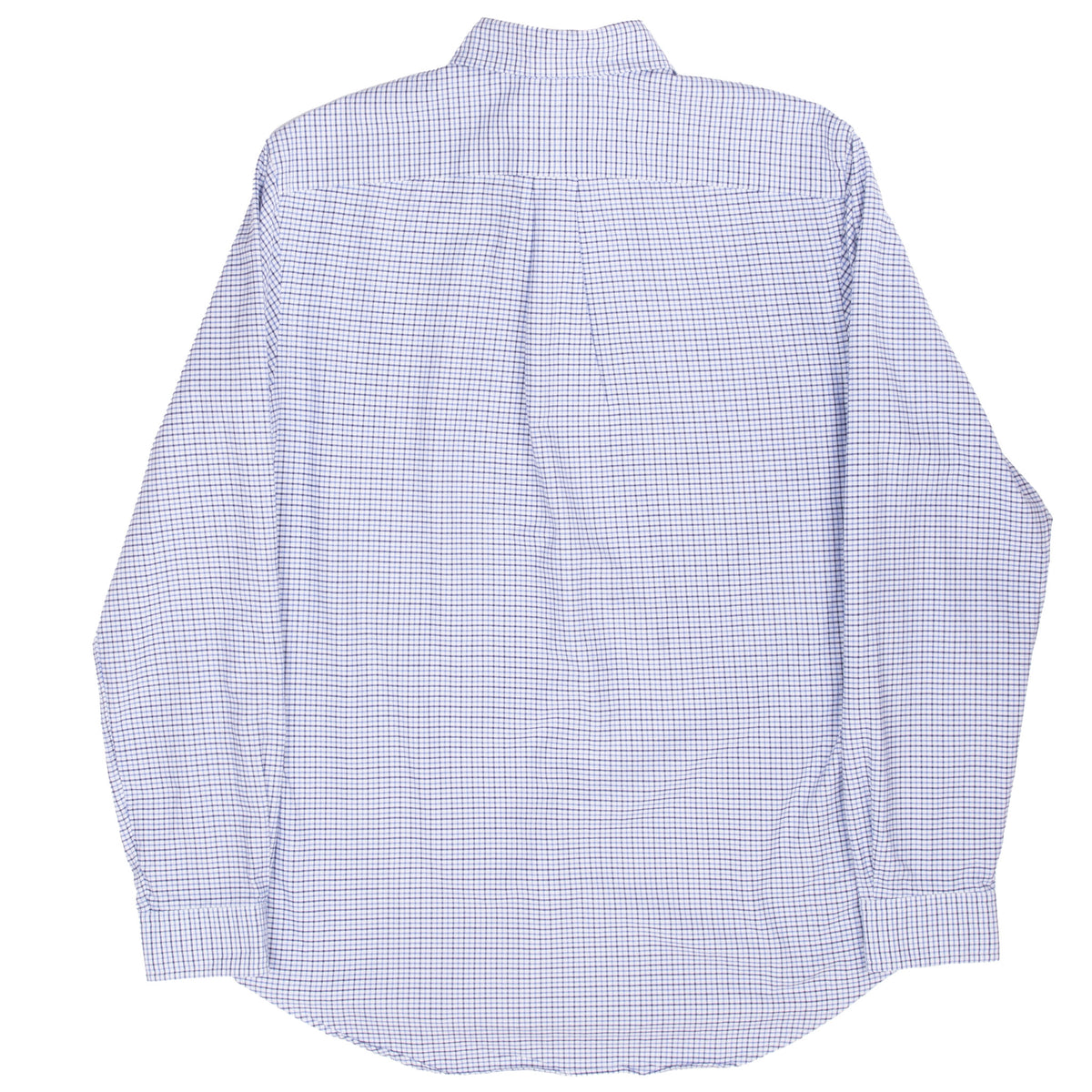 Back of Ralph Lauren blue and white plaid shirt with yoke and center box pleat