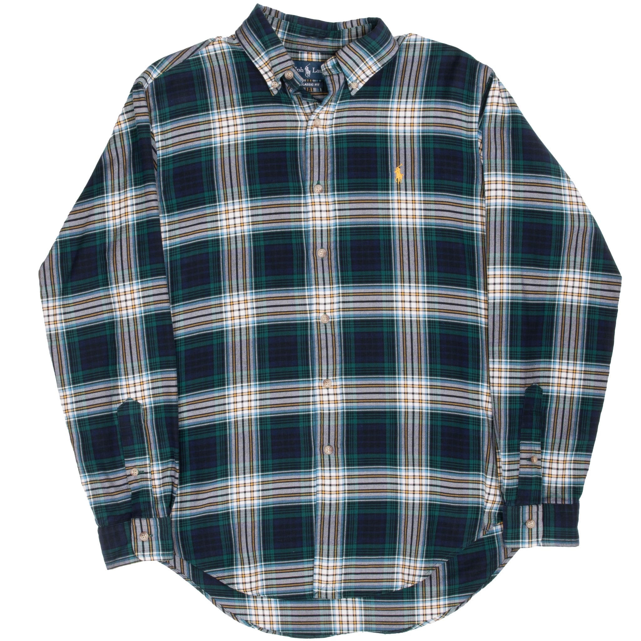 Full front view of Ralph Lauren green plaid flannel shirt with curved shirttail hem