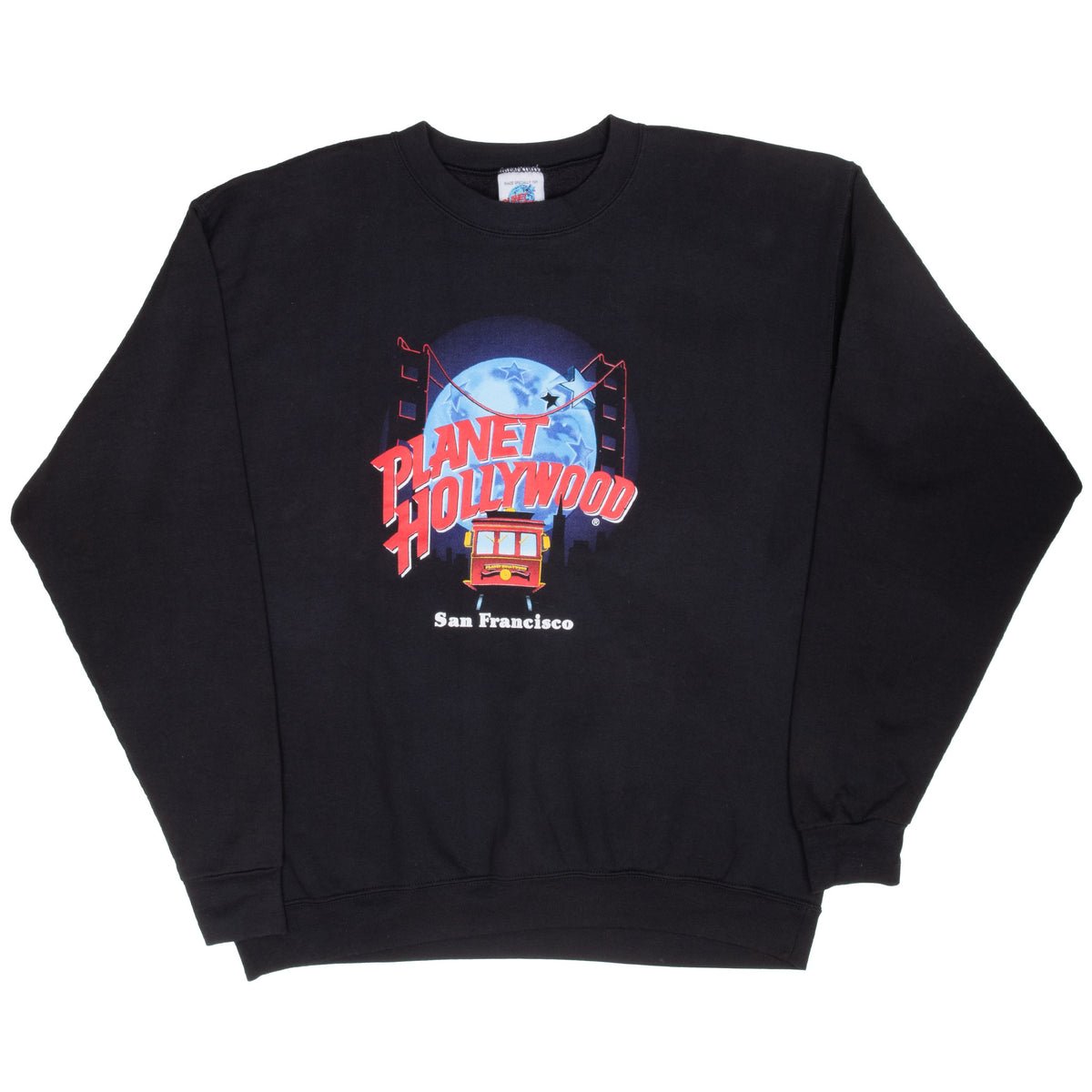 Full front view of black Planet Hollywood San Francisco crewneck sweatshirt