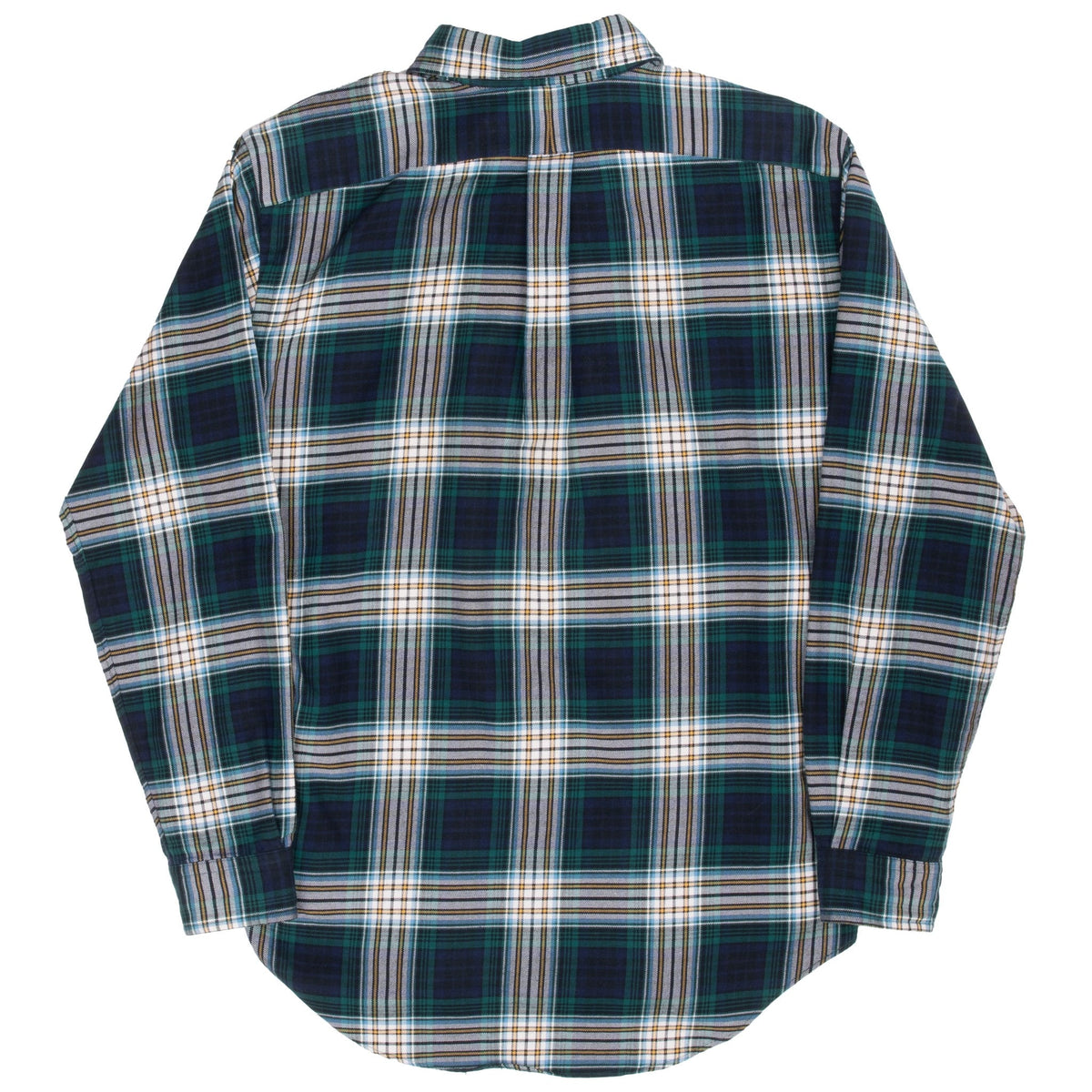 Back of Ralph Lauren green plaid flannel shirt showing back yoke and curved hem