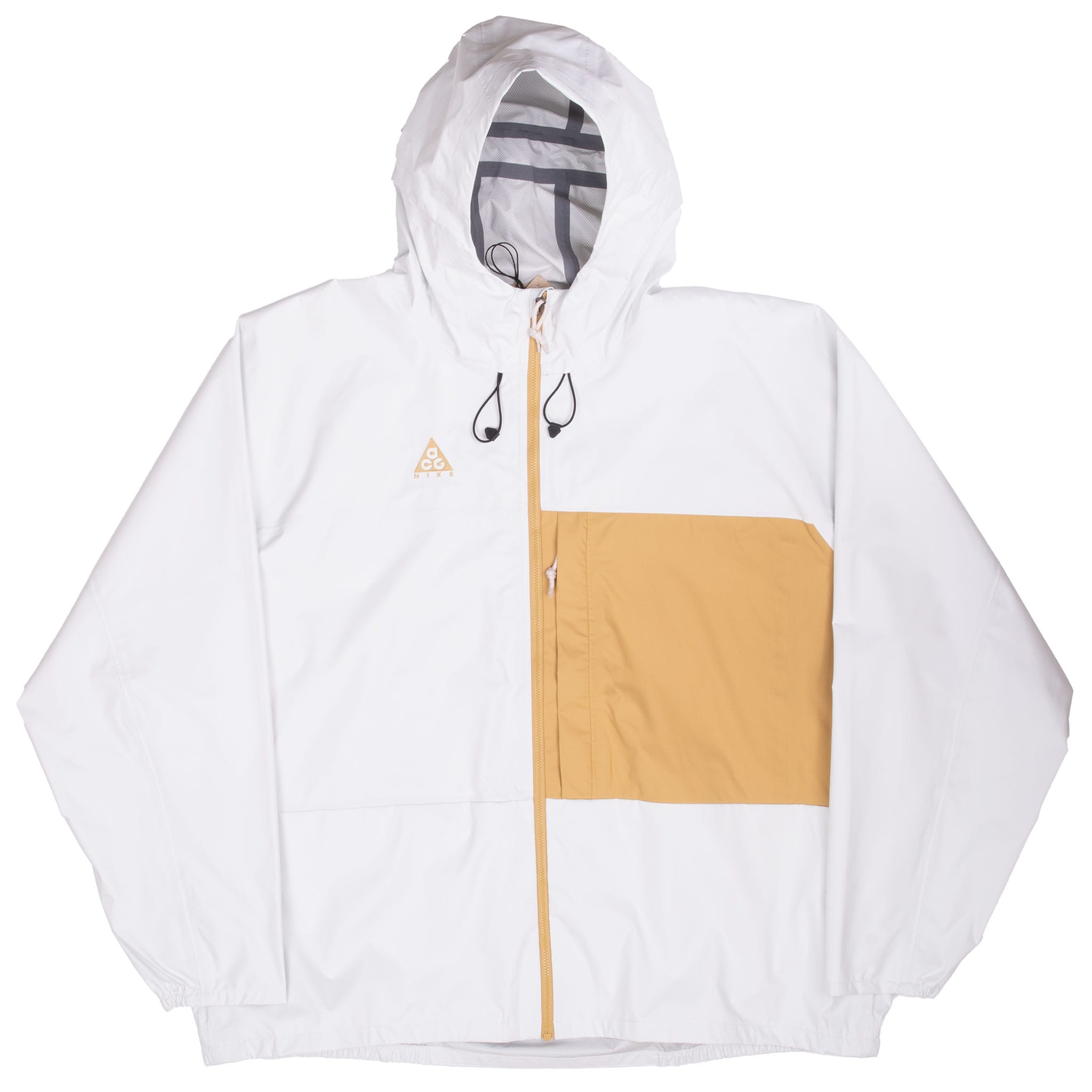 Full front view of white and tan Nike ACG hooded windbreaker jacket