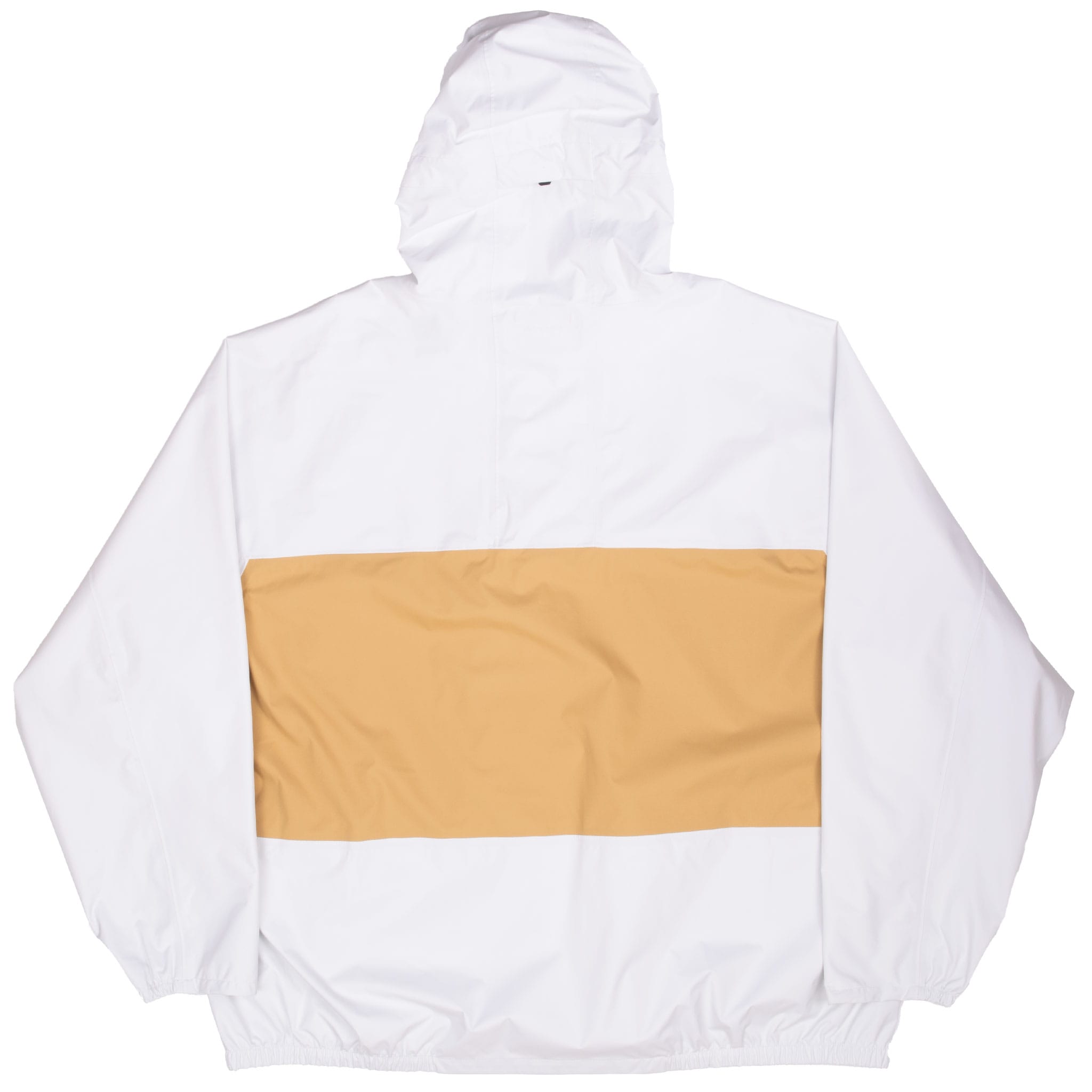 Back of white Nike ACG hooded windbreaker with wide tan color-block panel