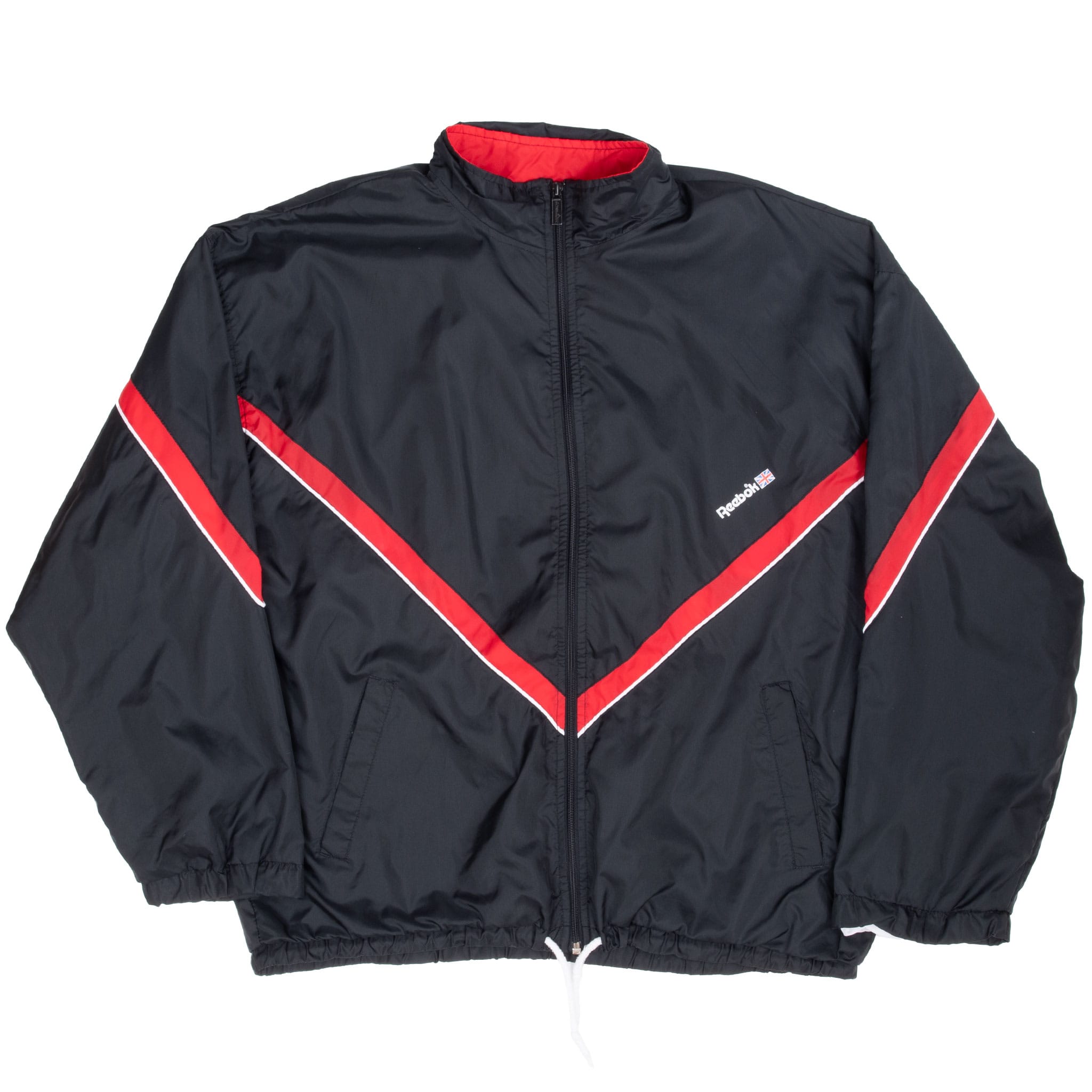 Full front of black Reebok zip windbreaker with red chevron stripes and elasticized hem