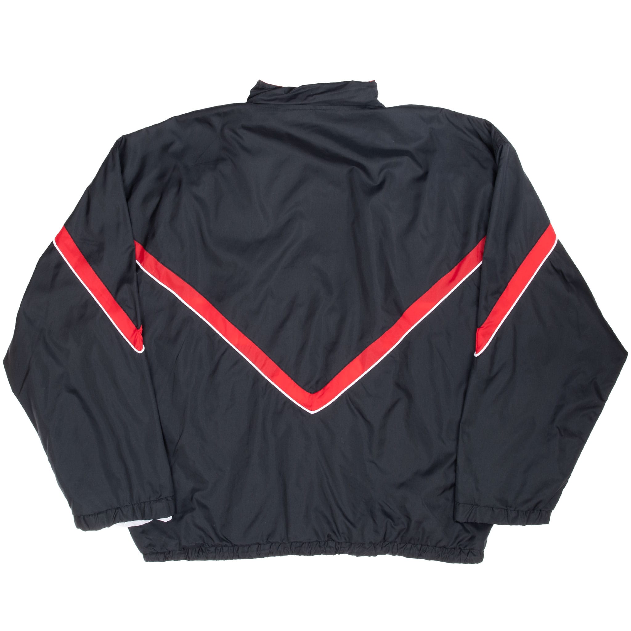 Back of black Reebok windbreaker with red chevron stripes and white piping