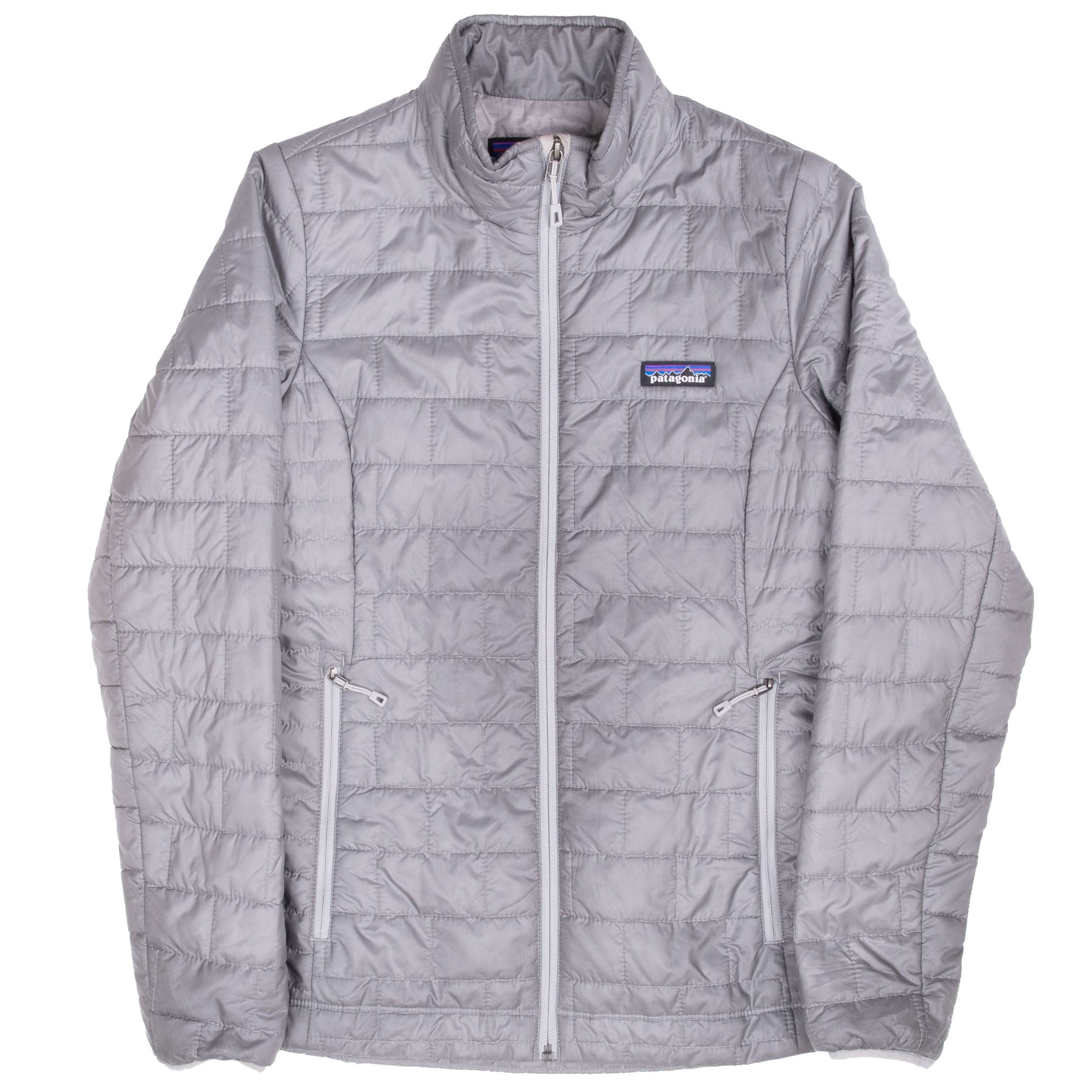 Full front view of grey Patagonia women's Nano Puff jacket with stand collar